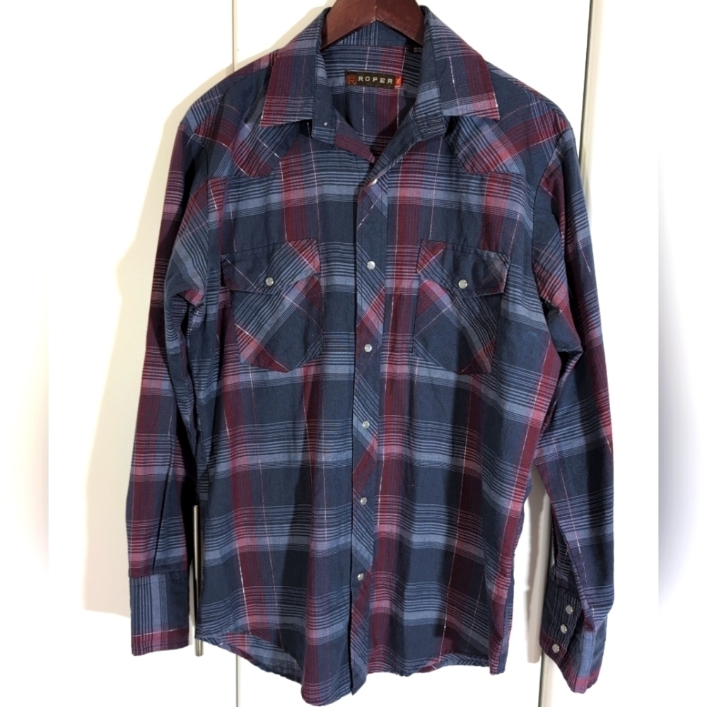 ROPER Shirt Mens Medium Gray Red Pearl Snap Shirt Collared Western Cowboy